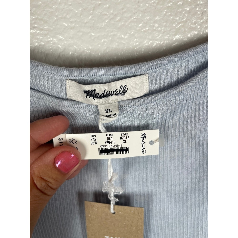 NWT Madewell Flared-Sleeve Boatneck Sweater Merino Wool-Silk Blend Blue Red XL - Picture 6 of 10